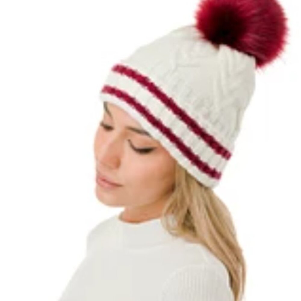 🔥Marcus Adler Cozy & Stylish Knit Pom Varsity Beanie White w/ Burgundy Pom NWT - Picture 3 of 4